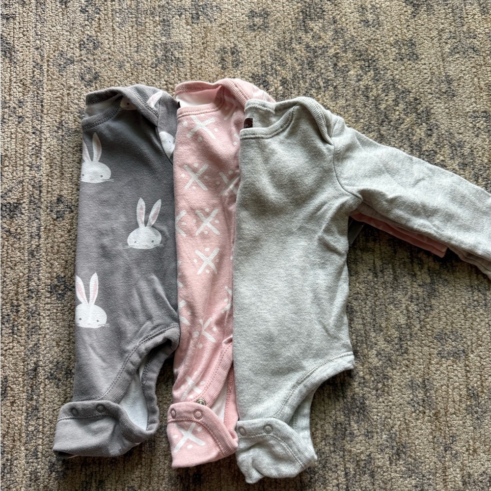 Tea Collection Bunny and Cross Print Bodysuits - Gray, Pink, Cream